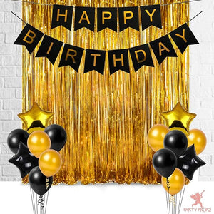 Party Propz Birth Day Decorations Set- 17Pcs Happy Birthday Golden Fringe Foil Curtain, Banner (cardstock) Star Foil Baloon, and Metallic Rubber Balloons Decoration Items Combo