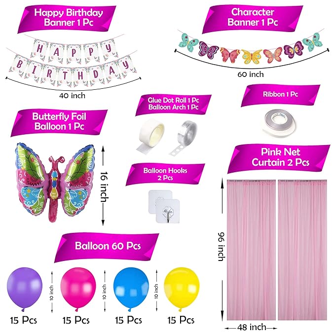 Party Propz Butterfly Theme Birthday Decorations - 70 Pcs Happy Birthday Decoration Kit | Birthday Decoration Items for Girls | Butterfly Decorations For Girls | Foil, Metallic Balloons For Decoration