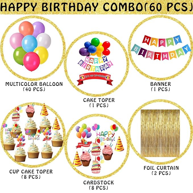 Party Propz Multicolour Birthday Decoration Happy Birthday Decorations Kit for Boys and Girls Multicolour Balloons Cake Topper, Cardstock For Decoration / Multicolour Birthday Decorations Kit - Set of 60