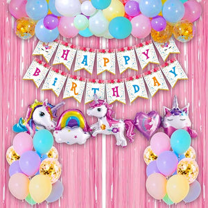 Party Propz Unicorn Theme Birthday Decorations - 71 Pcs, Happy Birthday Decoration Items for Kids | Unicorn Birthday Decorations for Girls | Balloon, Curtain, Photobooth Props, Banner(Cardstock)