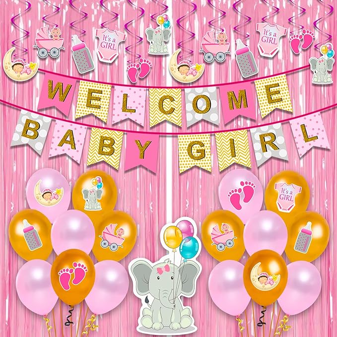 Party Propz Baby Welcome Home Decoration Kit 67Pcs Balloon, Cardstock, Swirls, Paper Banner with Foil Curtain for Baby Shower / Welcome / Birthday Supplies