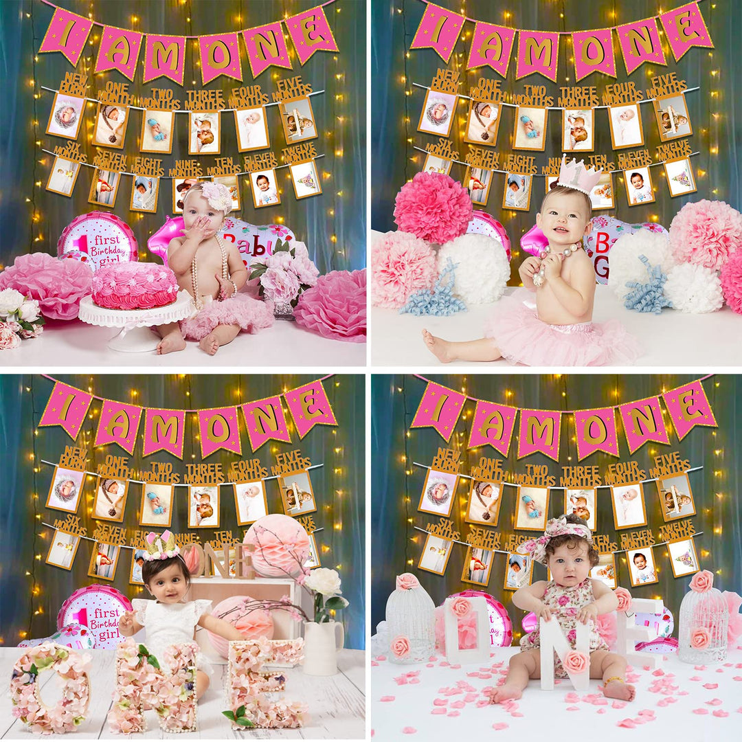 Party Propz Pink 1st Birthday Decoration For Baby Girl With Warm Led Light Set I Am One Paper Banner, 1-12 Month Milestone Paper Banner, Number 1 Foil Balloon And Round Foil Balloons Combo-8Pcs.