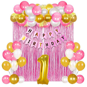 Party Propz 1st Birthday Decoration For Baby Girl Combo Kit 28Pcs Stylish Latest Pink White Birthday Set / Photo Booth Backdrop Decoration Materials