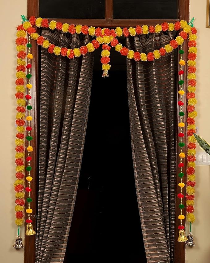 Party Propz Pom Pom Hangings for Decoration- 2Pcs Hanging Bells for Pooja Room | Traditional Decoration Items | Torans For Entrance Door | Entrance Decoration For Home | Side Hanging For Entrance Door