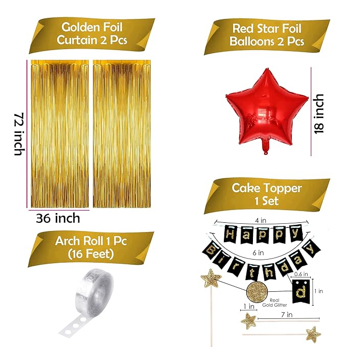 Party Propz Happy Birthday Decoration Items|63Pcs Red|Black|Gold Balloons For Birthday|Happy Birthday Foil Balloon Set|Golden Foil Curtains For Birthday Decoration|Birthday Decoration Items For Kids