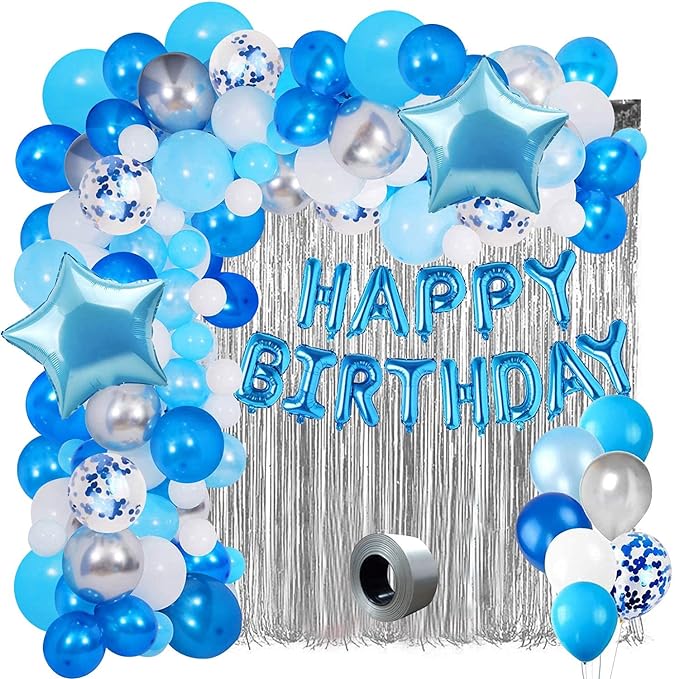 Party Propz Blue Theme Birthday Decoration Kit, 70 Pcs Combo, Birthday Decoration Kit For Boys, Happy Birthday Banner (cardstock), Foil Balloons With Foil Curtain, Blue&White Balloons For Decoration