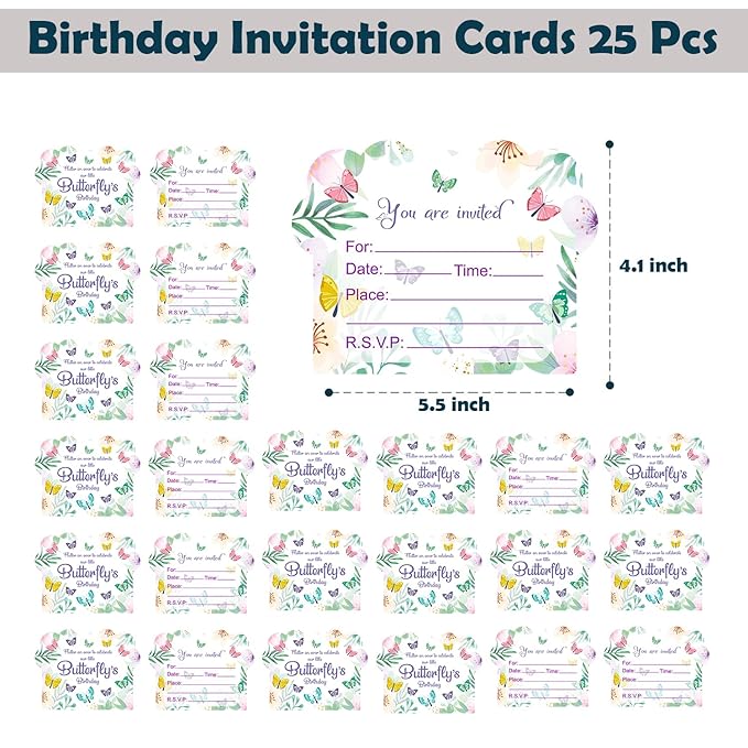 Party Propz Birthday Invitation Cards - 25Pcs, Childrens Birthday Invitation Cards | Butterfly Theme Invitation Card For Birthday Boy, Girl | Butterfly Invitation Cards For Kids Party | Happy Birthday Invites