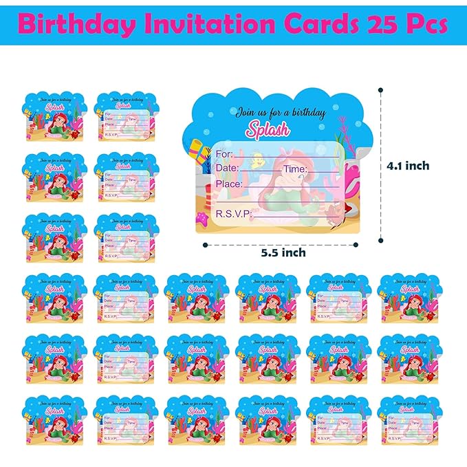 Party Propz Birthday Invitation Cards - 25Pcs, Childrens Birthday Invitation Cards | Mermaid Theme Invitation Card For Birthday Boy, Girl | Mermaid Invitation Cards For Kids Party | Happy Birthday Invites