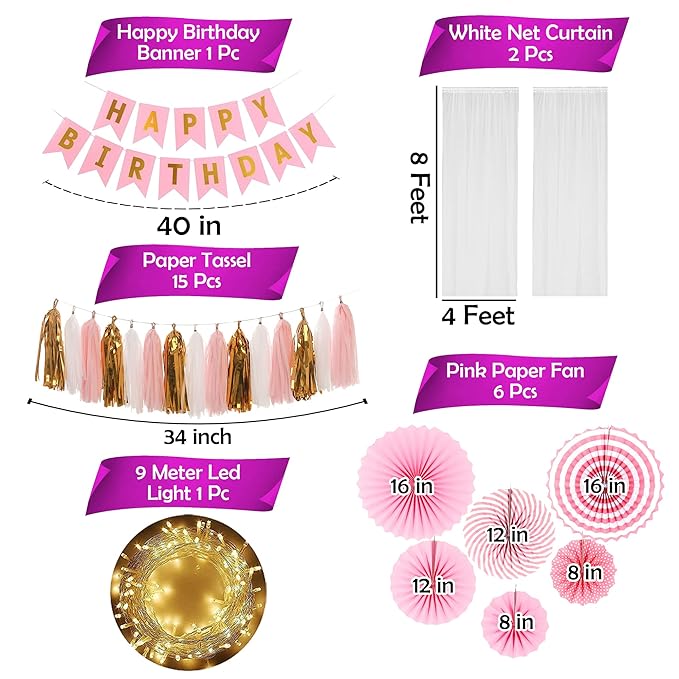 Party Propz Pink Birthday Decoration Items for Girl -25Pcs Happy Birthday Decoration | White Net Curtain for Birthday Decoration with Lights | Paper Fan Decoration Set| Happy Birthday Banner for Girls