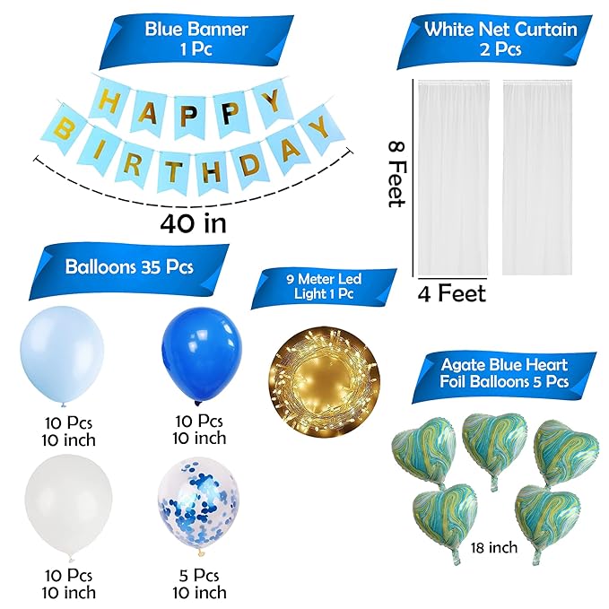 Party Propz Blue Happy Birthday Decoration Combo - Set of 44Pcs Birthday Decoration Kit | Balloon Decoration for Birthday with Blue Marble Heart Foil Balloons | White Net Curtain with Led Light