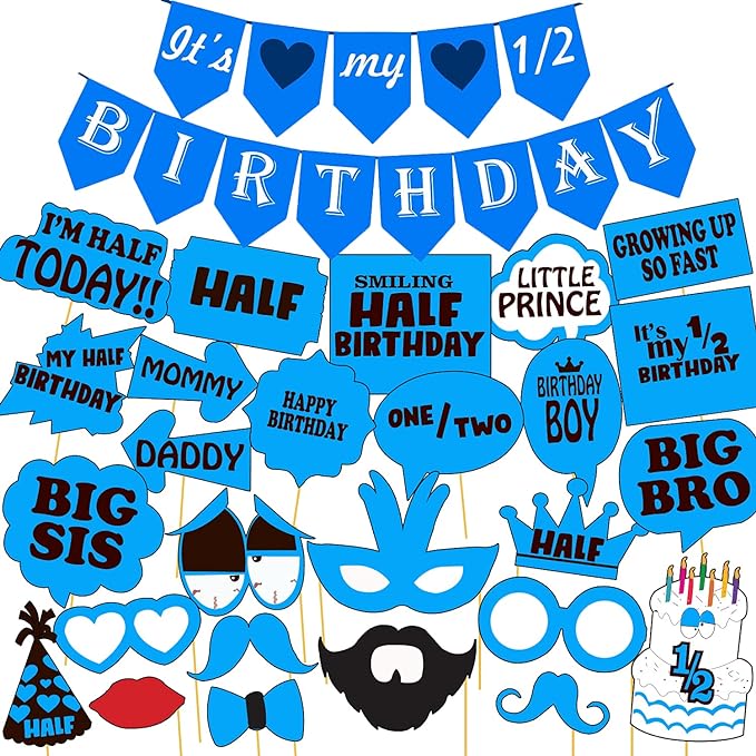 Party Propz Half Birthday Decoration For Baby Boys- 32Pcs Items Set For Half Year Birthday Decorations For Boys - 1/2 Birthday Decorations For Boys- 6 Month Birthday Decorations For Boys