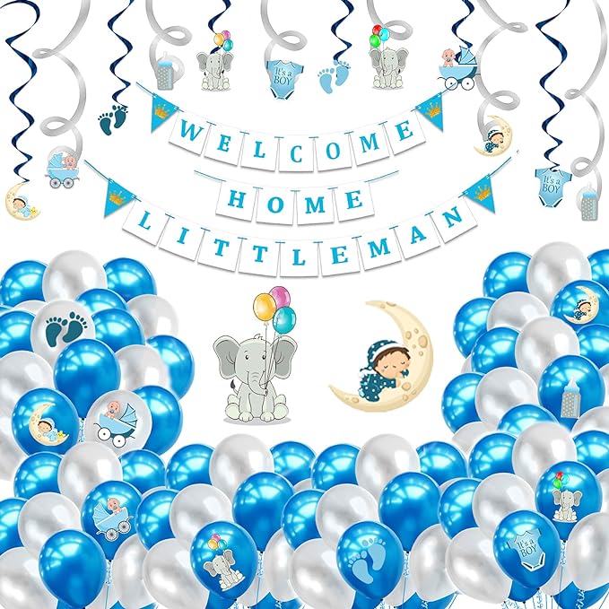 Party Propz Baby Welcome Home Decoration Kit with Balloon, Cardstock, Swirls, Paper Banner with Foil Curtain for Baby Shower / Welcome / Birthday Supplies - 65 Pcs