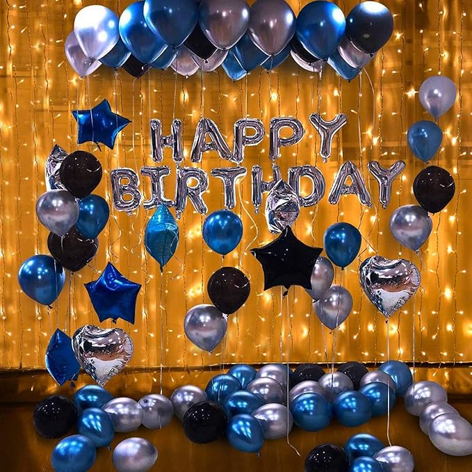 Party Propz Happy Birthday Balloons Decoration Kit with Helium Letters Foil Balloon Banner (cardstock), Latex Rubber Metallic Balloons, Star Balloons And Fairy LED Light Combo - 62 Pcs Set