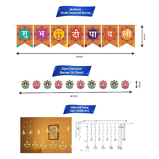 Party Propz Shubh Diwali Decoration Items - Happy Dipawali Combo | Happy Diwali Banner (cardstock) | Diya Lights | Diya Shape Banner | Diwali Lights For Decoration For Home | Happy Diwali Hangings