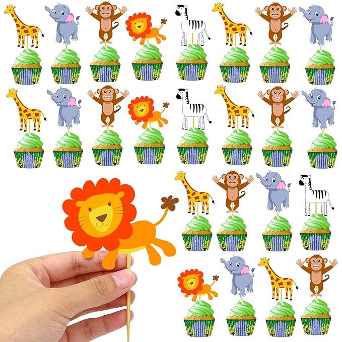 Party Propz Animal Cake Topper - 24Pcs Jungle Theme Cake Topper For Kids Baby - Cup Cake Topper Decoration, Cupcake Toppers Forest Pick, Jungle Theme Birthday Decoration, Animal Theme