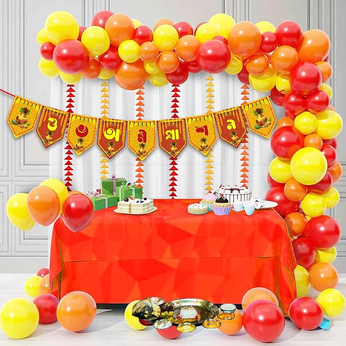 Party Propz Rice Ceremony Decorations Items -47Pcs Bengali Mukhe Bhaat|Baby Baptism/Annaprashan Decoration Items|Annaprashan Net Curtains With Paper String|Rice Ceremony Decorations|Banner