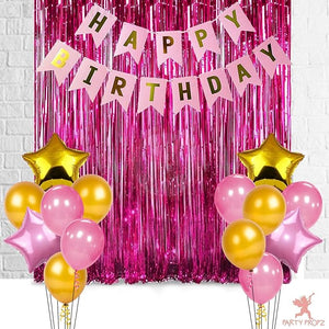 Party Propz 17Pcs Happy Birthday Foil Curtain, Banner (cardstock) and Balloons Decoration Items Combo for Birthday Supplies for Girls, Wife Pink