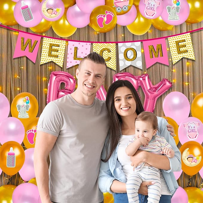 Party Propz Baby Welcome Home Decoration Kit - Set of 58 Pcs, Welcome Baby Girl Decoration Kit | Pink, Golden Balloons For Decoration | Baby Letter Foil Balloon | Welcome Home Baby Decoration