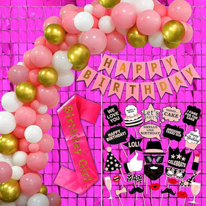 Happy Birthday Decorations For Girls Items - 73Pcs Happy Birthday Decoration - Banner (cardstock), Sash, Photo booth, Balloons, Pink Foil Curtains Birthday Decoration -Party Decoration Items Gifts