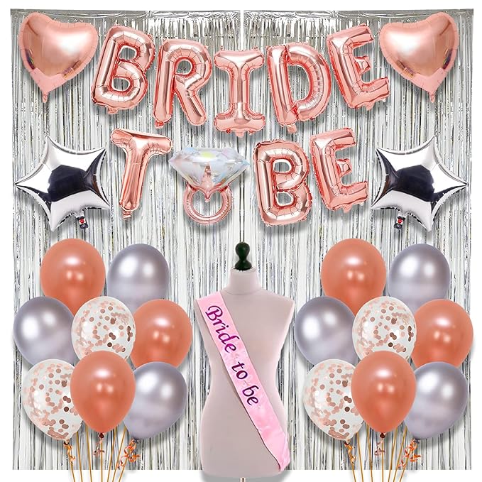 Party Propz Bride to Be Decoration Set Combo -45 Pcs Rose Gold Bachelorette Party Decorations | Bride to Be Sash | Bride To be Foil Balloons | Foil Fringe Curtain For Decoration | Bride To Be Balloons