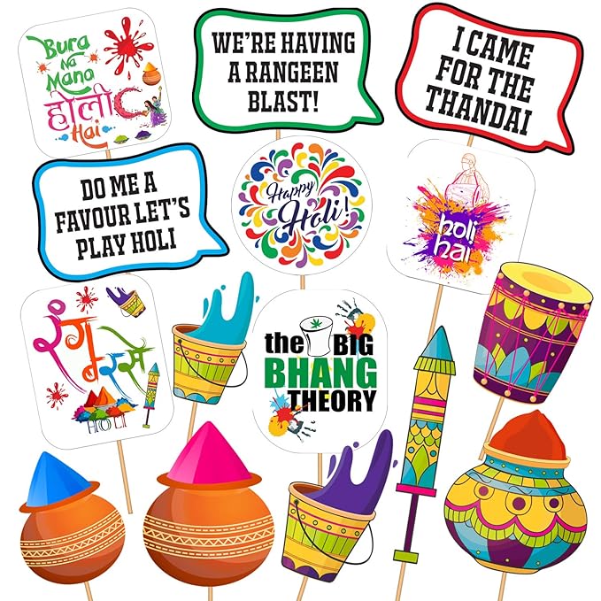 Party Propz Holi Photoshoot Props - 15pcs for Holi Decoration Items for Party | Holi Decoration Items | Holi Stickers | Holi Photoshoot Props (Cardstock) | Holi Decoration Items for Home Decor