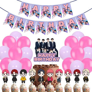 Party Propz Bts Birthday Decoration-52 Pcs,Birthday Decoration Items For Girls|Happy Birthday Decorations For Girls|Pink,Purple Metallic Balloons For Decoration With Cake Topper,Banner(Cardstock)