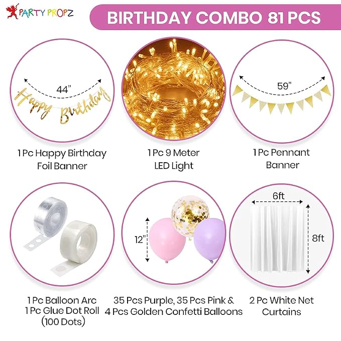 Party Propz Purple Birthday Decoration Items - Set of 81 Pcs Happy Birthday Decoration Purple for Girls | Lavender & Pink Balloons for Birthday Decoration | Birthday Decoration Kit for Wife