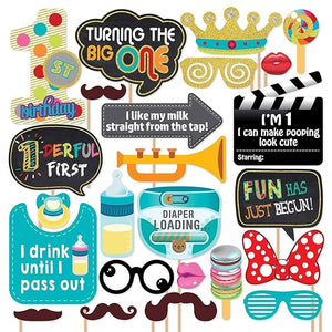 Party Propz First Birthday Photo Booth Props-24Pcs for 1st Bday Theme Supplies/s Baby Kids Combo Decorations Items/Cake Smash/High Chair,Babies Room Decor/Photoshoot/Selfie/Funny Card Props