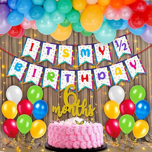 Party Propz Its My Half Birthday latex Decorations Set With Led Fairy Light-Half Birthday Banner, Cake Toppers, Balloons Decoration For Baby Boy Or Baby Girl, 1/2 Birthday - 43 Pieces - Multicolour