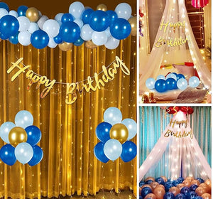 Party Propz Blue Birthday Decoration Items - 39 Pcs, Happy Birthday Decorations For Husband, Wife | Blue, Golden Metallic Balloons For Decoration With Net Curtain | Birthday Decoration Items For Girl, Boy