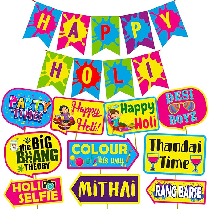 Party Propz Colorful Holi Props Items - Special 11Pcs Multicolor Props for Holi Decorations | Holi Decorations Items for Home | Happy Holi Decoration | Happy Holi Banner (Cardstock) | Holi Decor Items