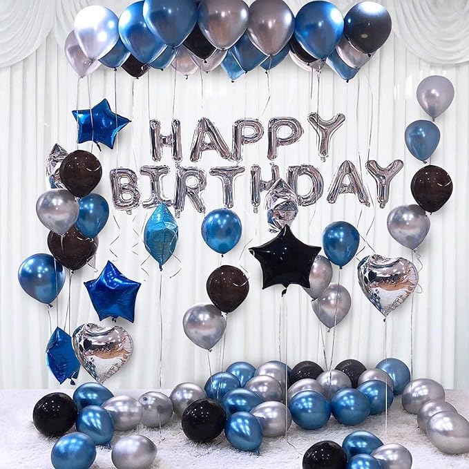 Party Propz Blue Theme Birthday Decoration - Pack of 61 | Blue Silver Black Balloons for Decoration | Happy Birthday Letter Foil Balloon Set | Hd Metallic Balloons (blue, Black And Silver)