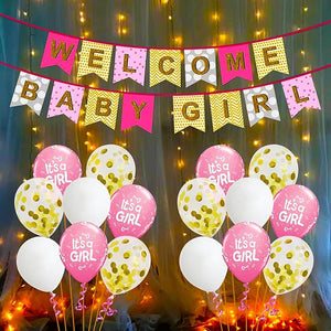 Party Propz Welcome Baby Decoration - Huge 11Pcs New Born Baby Welcome Home | Cradle Naming Ceremony Decoration Kit For Kids | Fairy Led Light & Net Curtains | Metallic Foil Balloons For Decoration