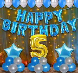 Party Propz 5th Birthday Decoration Items For Boys With Fairy Lights- 55Pcs Fifth Birthday Decoration - 5th Birthday Decorations kit for Boys 5th birthday / Baby Birthday Decoration Items 5 Year