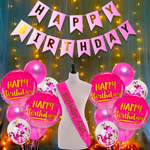 Party Propz Pink Happy Birthday Decoration Kit Combo With Fairy Led Lights 19pcs Set Banner (cardstock); Balloon; Metallic;Foil; Sash For Wife;Girl Friend;Woman; 16th; 18th; 21st; 30th Party Supplies