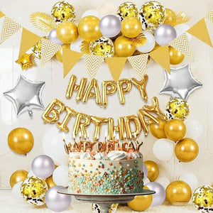 Party Propz Golden Birthday Decoration - Set of 45 Pcs Golden Balloons for Decoration | White Golden Birthday Decoration | Happy Birthday foil Balloons | Golden Candle for Cake