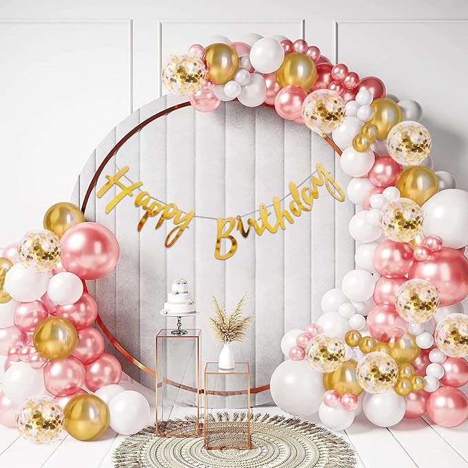Party Propz Rose Gold Birthday Decoration Items Combo Set For Girls Kids Wife - Happy Birthday Banner, Metallic Balloons, Glue Dot,Arch Strip, For Birthday Decorations Celebrations - 47Pcs