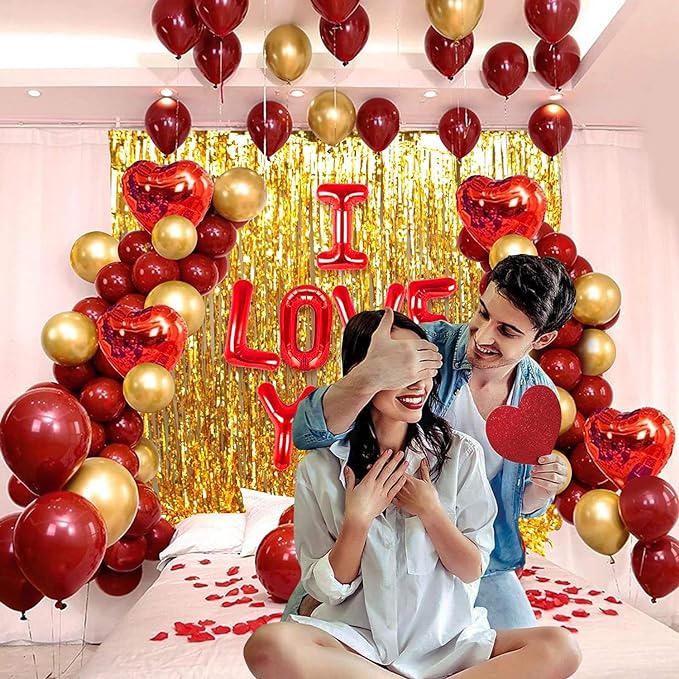 Party Propz Foil I Love You Balloons For Decoration - Pack of 47Pcs Happy Anniversary Decoration Items | Birthday Balloons | Red & Gold Balloons For Decoration | Birthday Decoration Items