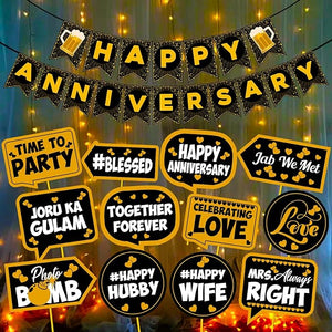 Party Propz Happy Anniversary Decoration Items - 14Pcs Kit Combo For Home Or Bedroom - Happy Anniversary Paper Banner, Photobooth Props, LED Fairy Light - Marriage Decorations Set - Husband Or Wife