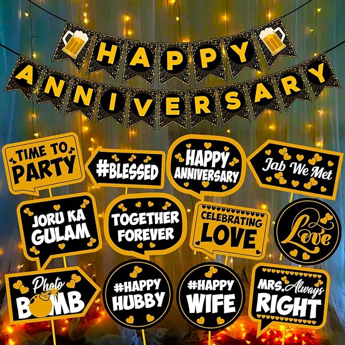 Party Propz Happy Anniversary Decoration Items - 14Pcs Kit Combo For Home Or Bedroom - Happy Anniversary Paper Banner, Photobooth Props, LED Fairy Light - Marriage Decorations Set - Husband Or Wife