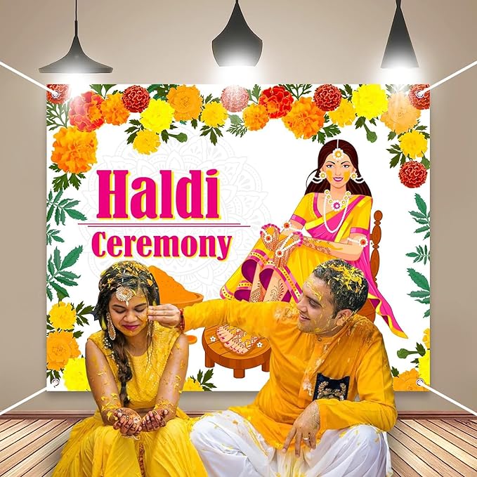 Haldi Backdrop Decoration Cloth - Backdrop Cloth for Decoration (4x5 Ft) | Haldi Decoration Items for Marriage | Haldi Ceremony Decoration | Haldi Banner for Decoration | Wedding Decoration Items