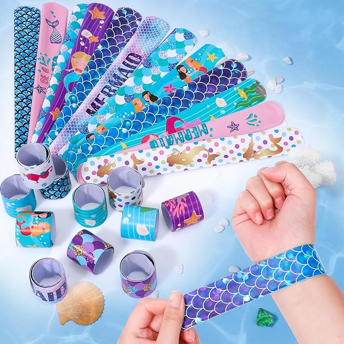 Party Propz Mermaid Return Gifts for Kids - 12 Pcs Mermaid Slap Bracelet for Kids | Best Birthday Return Gifts for Kids | Wrist Band for Kids | Slap Bands for Kids Return Gift | Scale Band for Kids