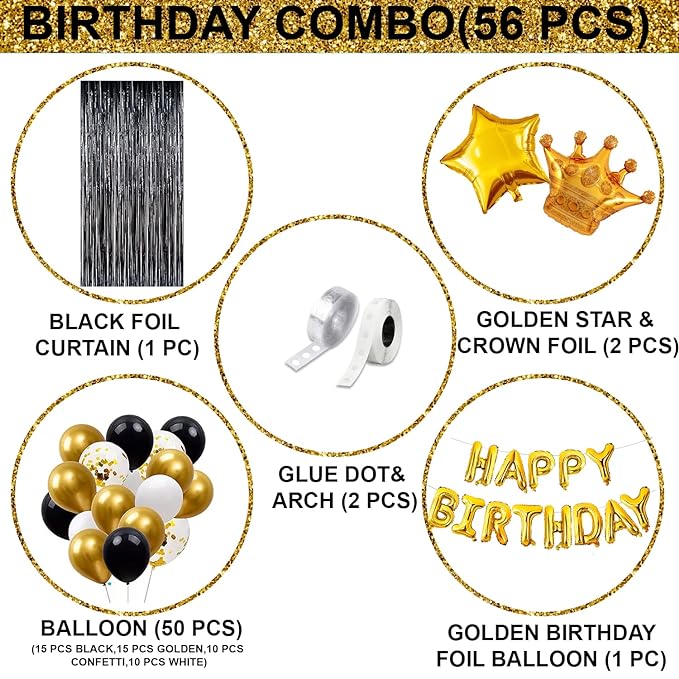 Party Propz Multicolor Birthday Decoration Items- 56Pcs | Happy Birthday Decoration Kit | Golden Happy Birthday Foil Balloon | Happy Birthday Banner (cardstock) | Foil Curtain for Decoration