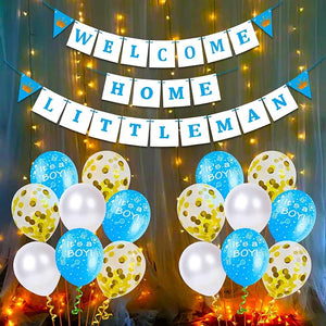Party Propz Baby Welcome Home Decoration Kit, Banner (cardstock) with Fairy Light for Baby Shower/Welcome/Birthday Supplies - Blue, 32Pcs foil latex Balloon