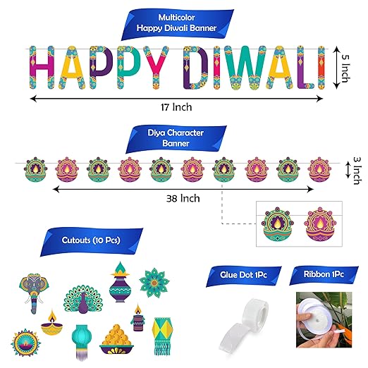 Party Propz Happy Diwali Decoration Items - Pack of 14pcs, Diwali Props, With Happy Diwali Banner (Cardstock) | Diwali Decoration Items For Home Decor | Dipawali Decorations Combo For Home