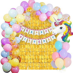 Party Propz Unicorn Birthday Decorations For Girls - 51 Pcs, Happy Birthday Decoration Items For Girls, Kids|Unicorn Theme Birthday Decoration Kit|Metallic, Foil Balloons For Decoration With Curtain