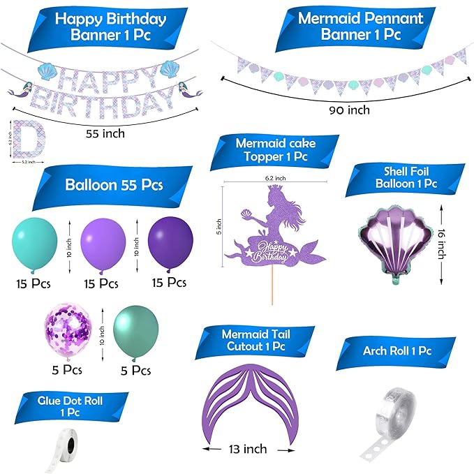 Party Propz Mermaid Theme Birthday Decorations - Cute 62Pcs, Birthday Decoration Items For Girl | Mermaid Tail Cutout | Happy Birthday Decoration Kit | Mermaid Balloons for Birthday Decoration