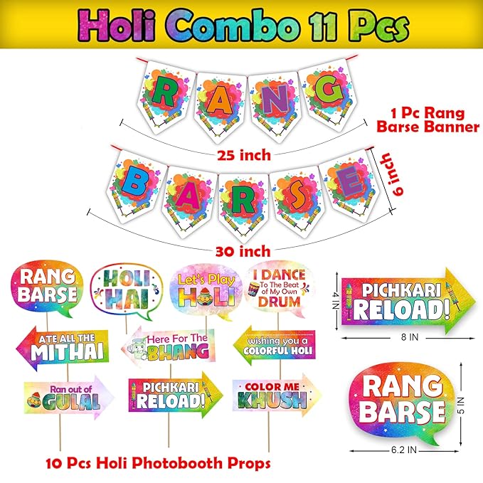 Party Propz Colorful Holi Props Items - Special 11Pcs Multicolor Props for Holi decorations | Holi Decorations Items for Home | Happy Holi Decoration | Rang Barse Banner (Cardstock) | Holi Decor Items