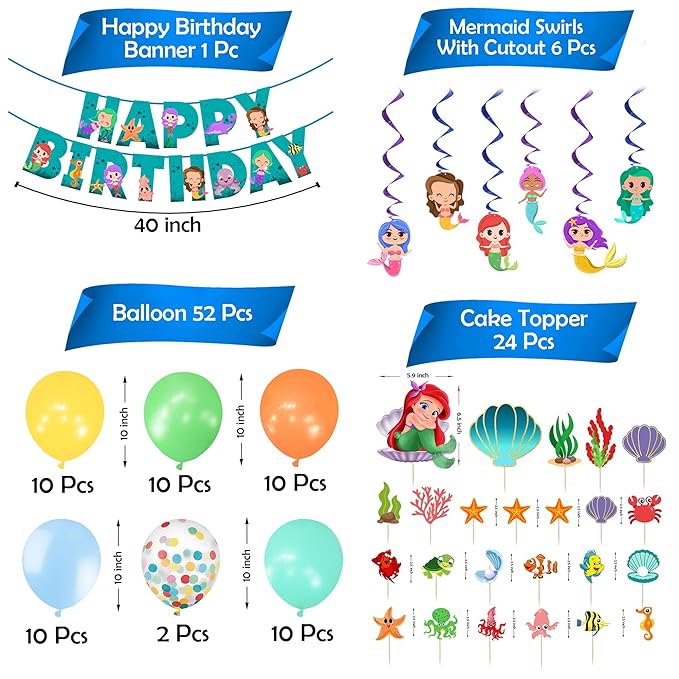 Party Propz Mermaid Theme Birthday Decoration - 83 Pcs, Happy Birthday Decorations For Girls, Kids | Mermaid Metallic Balloons, Cake Topper, Swirls | Ariel Theme Party Decoration | Birthday Banner(Cardstock)