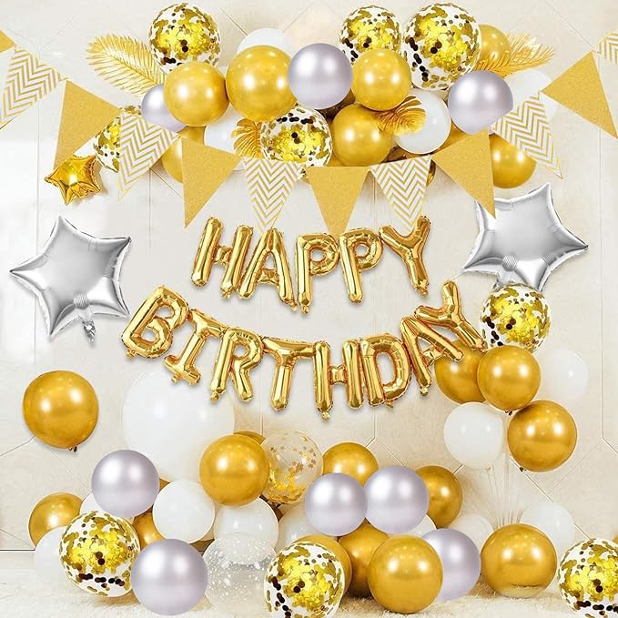 Party Propz Happy Birthday Decoration For Husband Kit Combo Set - 44pcs Birthday Foil balloon Golden Pennant Metallic Confetti Balloons With Star Foil Balloon - Happy Birthday Decorations Items